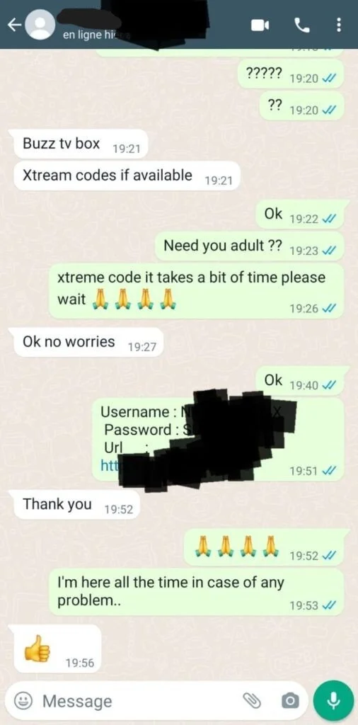 Customer review praising the Xtreme HD IPTV Antifreeze system, WhatsApp testimonial about Xtreme HD IPTV 4K quality.